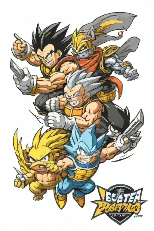 vegeta, psyduck and zorro in battle tattoo design idea