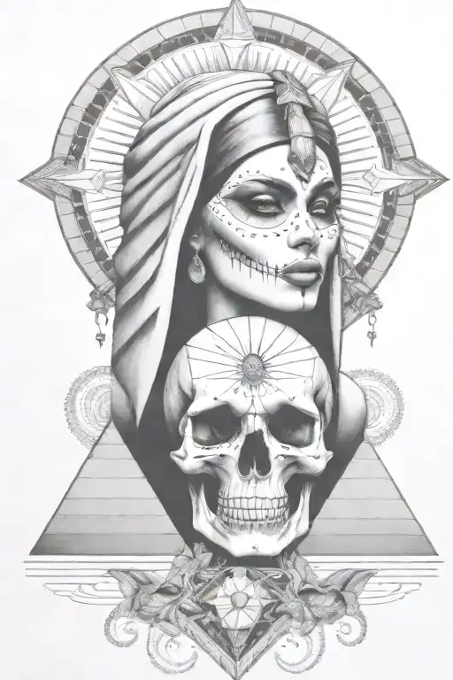  egyption style girl and skull, minimal background with pyramid and diamonds jewels tattoo design idea