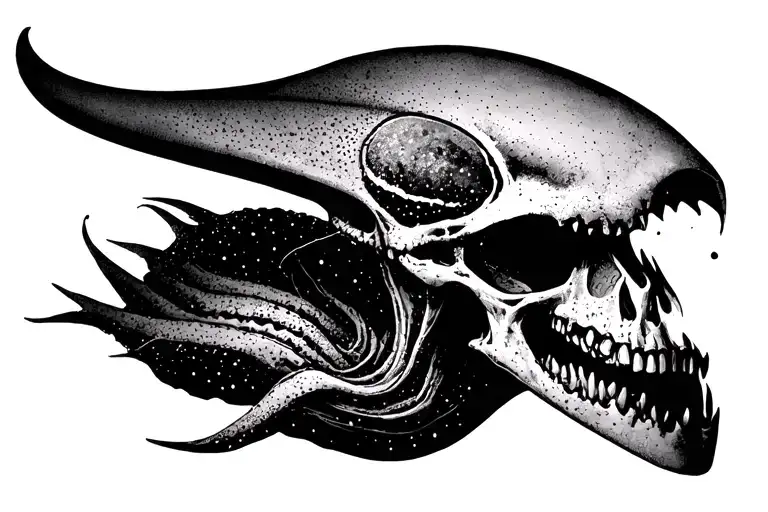 Cosmic Alien Romulis elongated skull with an open mouth with fangs in saliva tattoo design idea
