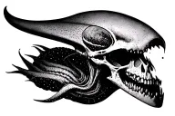 Cosmic Alien Romulis elongated skull with an open mouth with fangs in saliva tattoo design idea
