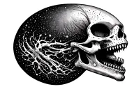 Cosmic Alien Romulis elongated skull with an open mouth with fangs in saliva tattoo design idea