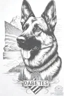 German shepherd portrait saying "diabetes" mountain scene American flag waving tattoo design idea