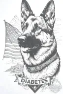 German shepherd portrait saying "diabetes" mountain scene American flag waving tattoo design idea