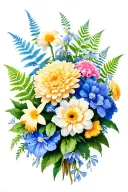 flower bouqet with chrysanthemum, snowdrop, carnation, sweetpea, daffodils, fern, gerium rozane tattoo design idea