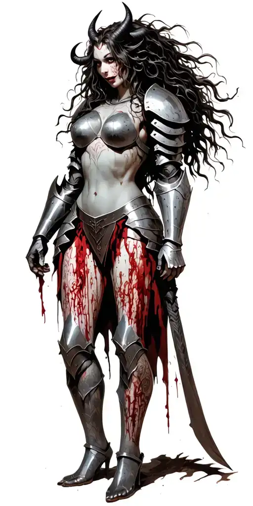 knight with full armor, petite, big boobs, wide hips, Messy hair, demonic horns, sexual. Seductive smile. Full Body tattoo design idea