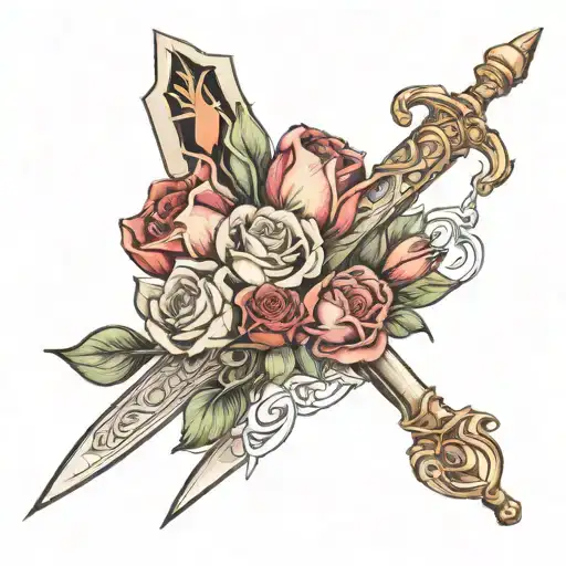 bouquet of tulips and roses wrapped around a sword with 6 roman numeral   tattoo design idea