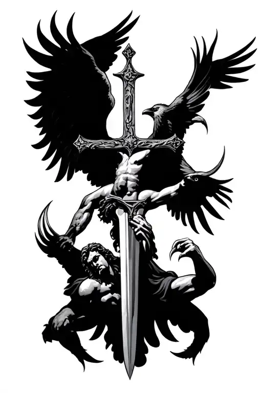 jesus on a sword cross, with crows wings and flying with claws no background tattoo design idea
