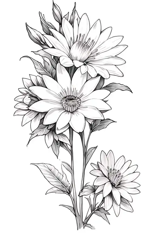 larkspur, waterlily, aster, morning glory, marigold, cosmos,  tattoo design idea