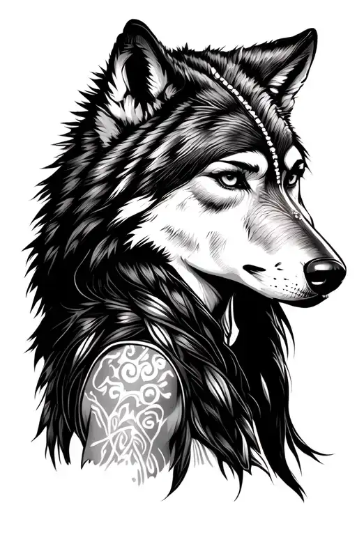 Howling Wolf in the background with an Indian woman like Disney Pocahontas who looks into the distance in SC tattoo design idea