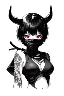 Anime, ninja mask girl, gotic style, short hair with bangs, red eyes and horns tattoo design idea