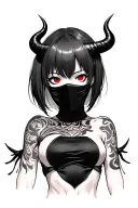 Anime, ninja mask girl, gotic style, short hair with bangs, red eyes and horns tattoo design idea