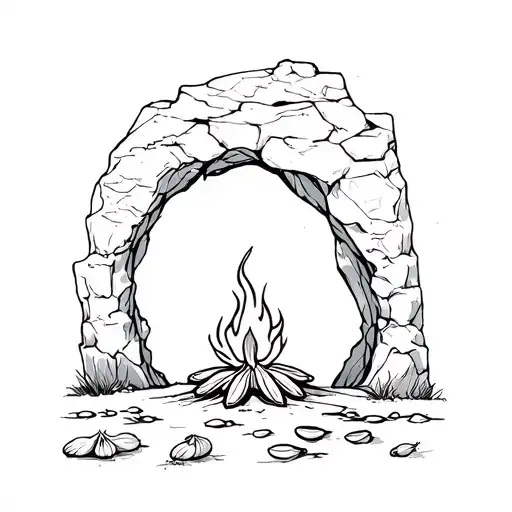 sketch a cave with small fire megwort and garlic laid out in front of it Korean mythology  tattoo design idea
