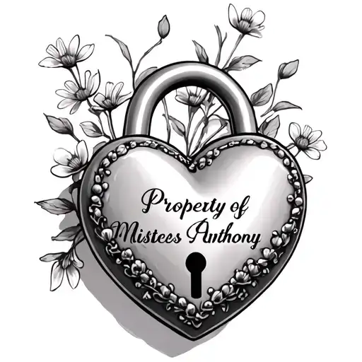 "proprietà di anthony" heart shaped lock with small flowers text says Property of Mistress Patricia on lock tattoo design idea