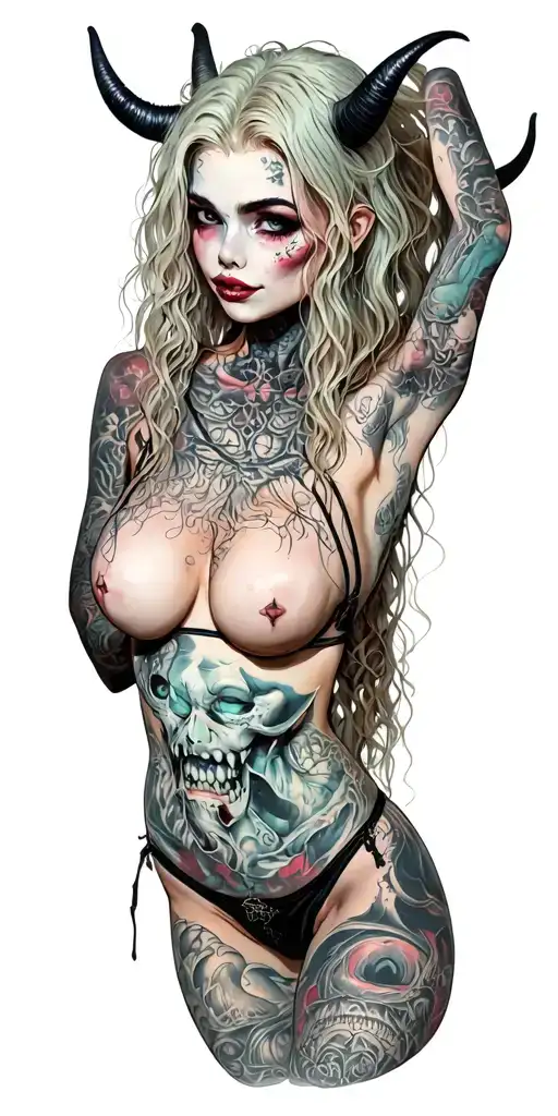 Sexy Pale Girl, petite, big boobs, wide hips, G-String. Messy hair, demonic horns, sexual. Seductive smile. Full Body tattoo design idea
