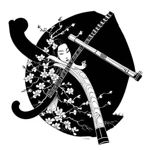 Samurai shakuhachi sakura tree tattoo design idea