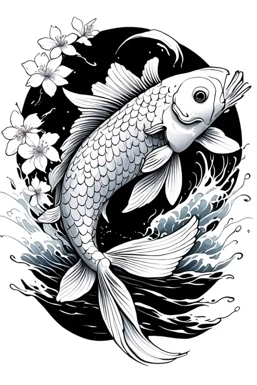 A koi fish swimming upstream surrounded by cherry blossoms and Stylized waves and wind bars tattoo design idea