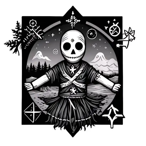 A voodoo doll surrounded by symbols of Norway nature tattoo design idea