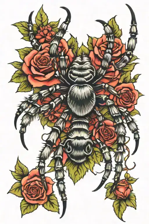 web, tarantula, roses intertwined tattoo design idea