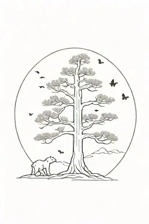 Big Pine tree with 5 small bears surround the bottom. two tiny butterflies flying near the top of the tree tattoo design idea