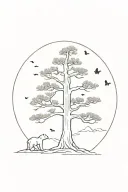 Big Pine tree with 5 small bears surround the bottom. two tiny butterflies flying near the top of the tree tattoo design idea