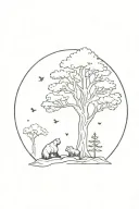 Big Pine tree with 5 small bears surround the bottom. two tiny butterflies flying near the top of the tree tattoo design idea
