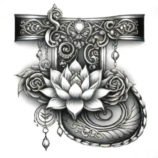 garter with lotus and pendants graphic on the leg with interlacing tattoo design idea