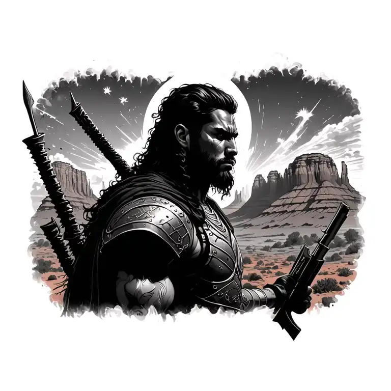 300 style warrior looking out in the distance of explosions and chaos near Cathedral Rock in Sedona, AZ tattoo design idea