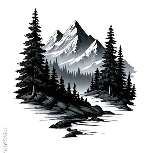 dark Black Forest with mountains tattoo design idea
