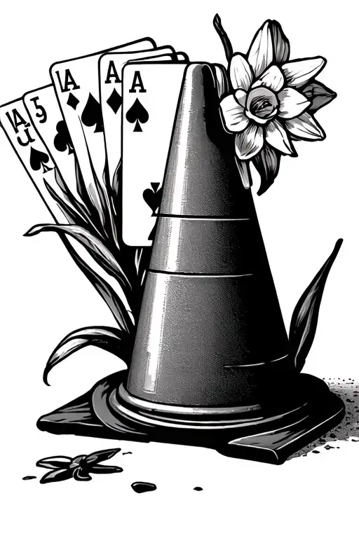 traffic cone with narcissus flowers and playing cards tattoo design idea