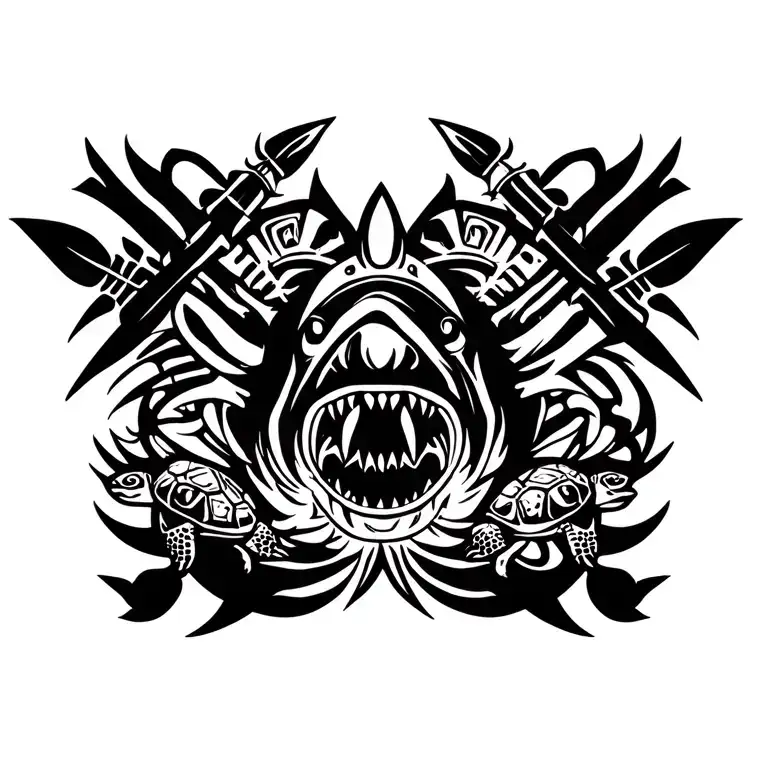 left chest polysian tattoo with son, tiki, shark teeth, turtles, spear heads tattoo design idea