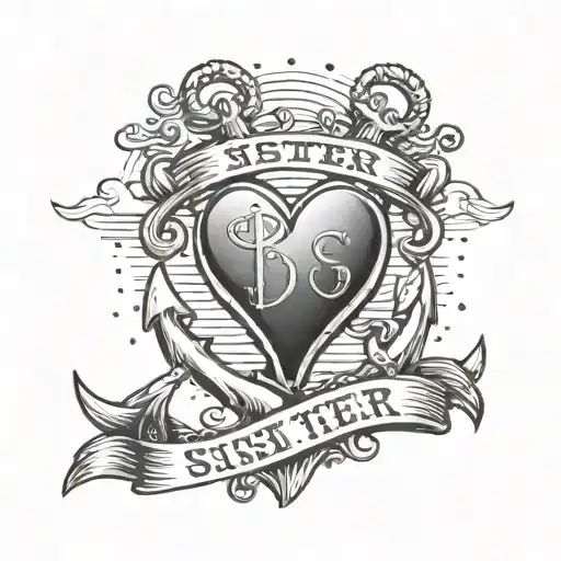 anchor with heart eyelet in sunset with word sister heart tattoo design idea