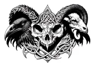 Celtic tree of life .a Celtic raven head on the left .a Celtic ram head on the right location of the skull tattoo design idea