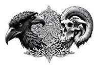 Celtic tree of life .a Celtic raven head on the left .a Celtic ram head on the right location of the skull tattoo design idea