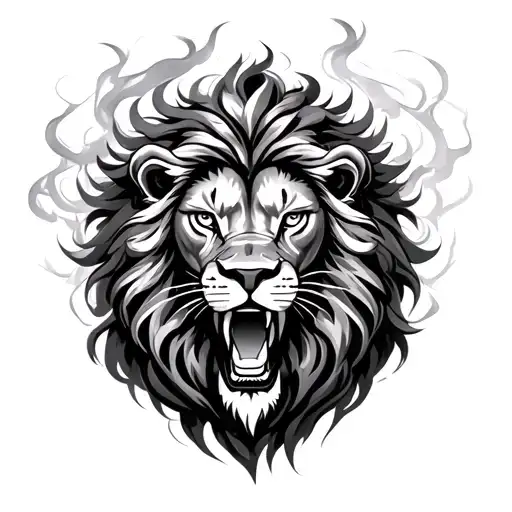 a roaring lion with intense glowing eyes, detailed mane blending into smoke and sacred geometry, the Sikh Khanda forged  tattoo design idea