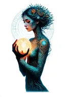 Feminine surreal figure with closed eyes, tree-like body holding glowing orb at chest. Still, mystical, bright tones tattoo design idea