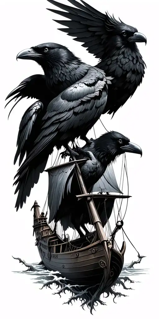 Viking Longship, 2 Ravens Huginn and Muninn and Yggdrasil tattoo design idea