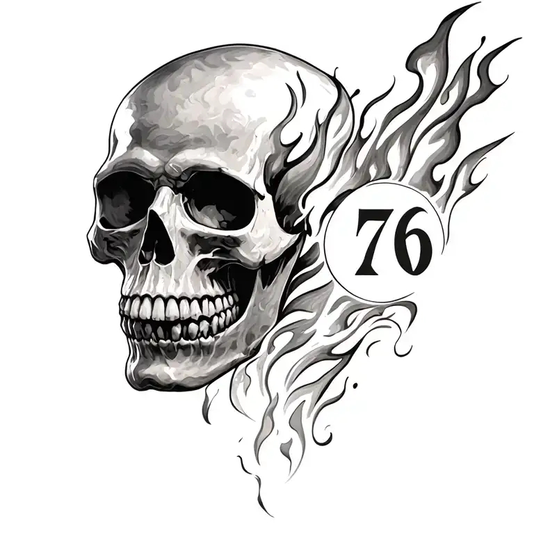 skull and number 76 and fire tattoo design idea