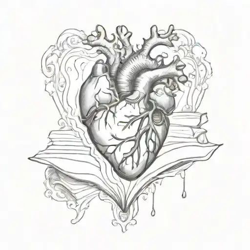 book and anatomical heart tattoo design idea