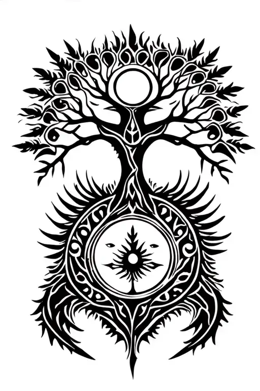 tribal design including army elements, tree of life, dna strand, goddess sun moon, dragon hawaiian island tattoo design idea