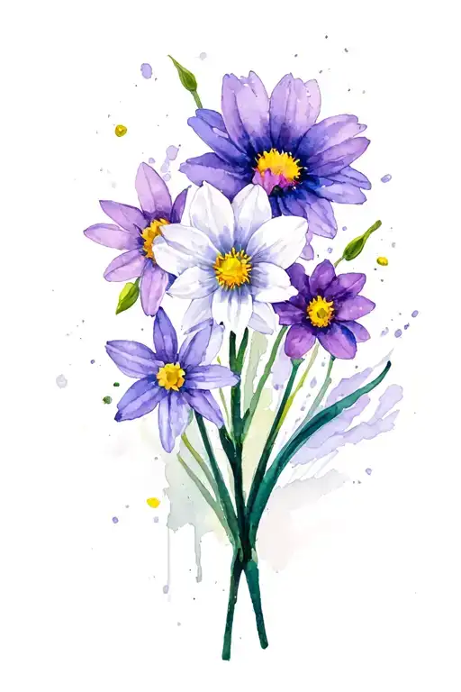 violet flower, aster flower, narcissus flower bouquet tattoo design idea