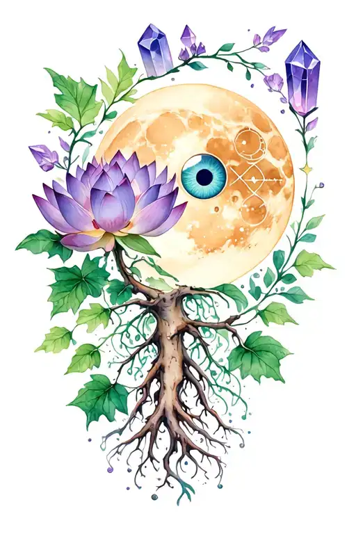 Lotus Roots, vines, moss, ivy Crystals lavender/purple♈♉♍♏♓ Zodiac symbols protective eye Moon phases Spirit-light tattoo design idea