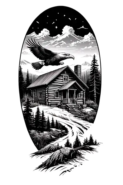 nature scene with log cabin up on a mountain with a bald eagle soaring in the sky with a acoustic guitar tattoo design idea