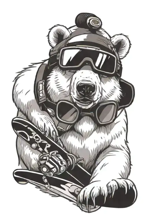 Polar bear with ski goggles holding a snowboard tattoo design idea
