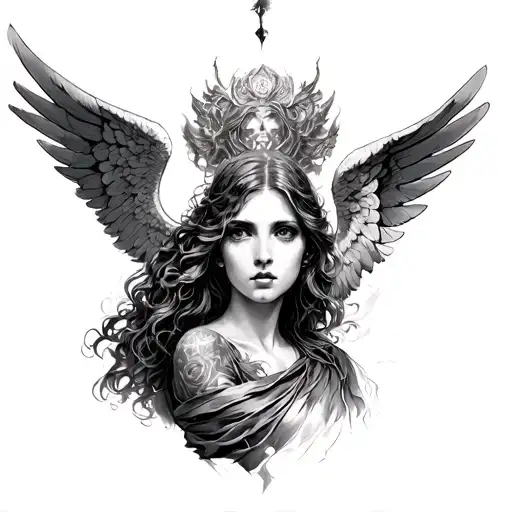 The sketch “Duel of Eternity, Hyperontracy style Traditional with elements of realism in faces and anatomy.  Angel (the top of the sleeve tattoo design idea