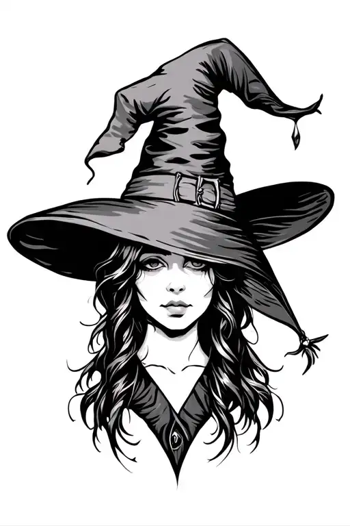 "Tiny witch hat tattoo design with clean black line art, simple shading, minimal details, white background" tattoo design idea