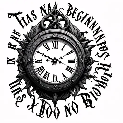 gothic clock with Roman numerals and the words 'time has no beginning and history has no bounds' tattoo design idea