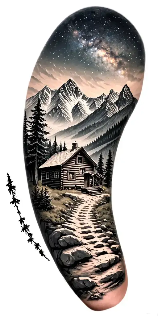 A mountain trail, with a log cabin ahead surrounded by mountains and a starry sky tattoo design idea