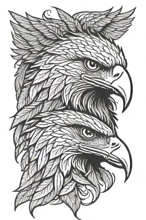 Eagle head profile. Feathers arranged in concentric circles, resembling cannabis leaves. Detailed. tattoo design idea