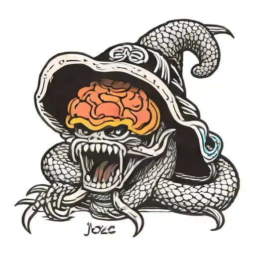 Snake with samurai helmet eating a Muffin de marihuana tattoo design idea