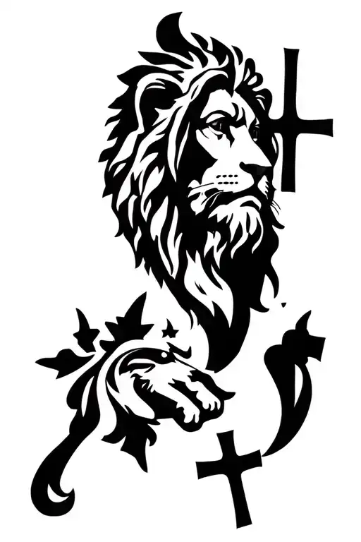 Jesus Christ and Lion face and crosses mixed tattoo design idea